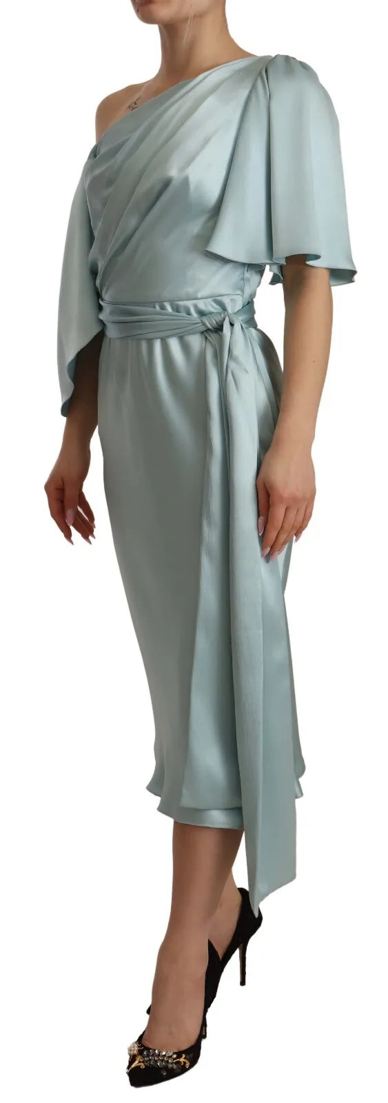  - Silk Mint Green Fit Cut One Shoulder Midi Dress