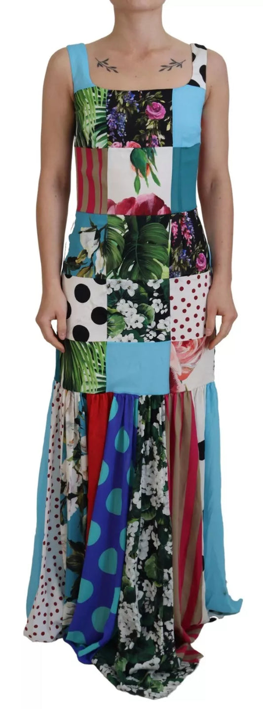  - Silk Multicolor Patchwork Sheath Maxi Dress