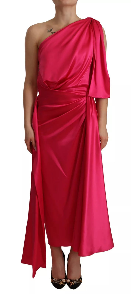  - Silk Pink Fitted Cut One Shoulder Midi Dress