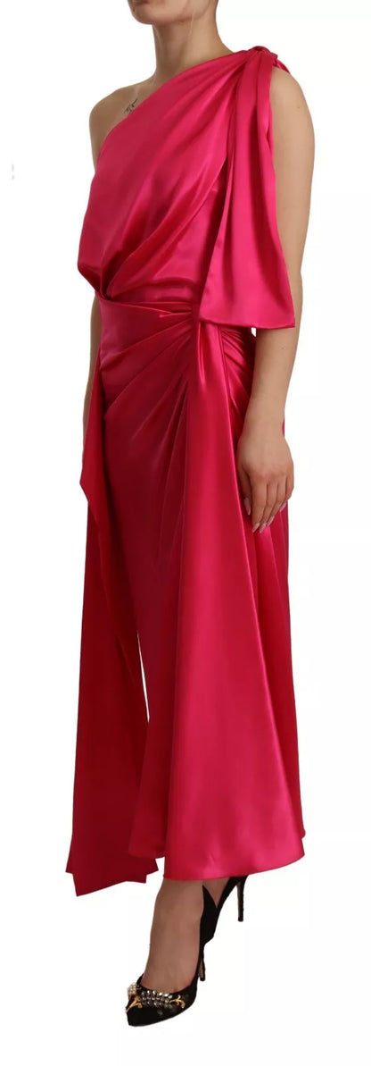  - Silk Pink Fitted Cut One Shoulder Midi Dress