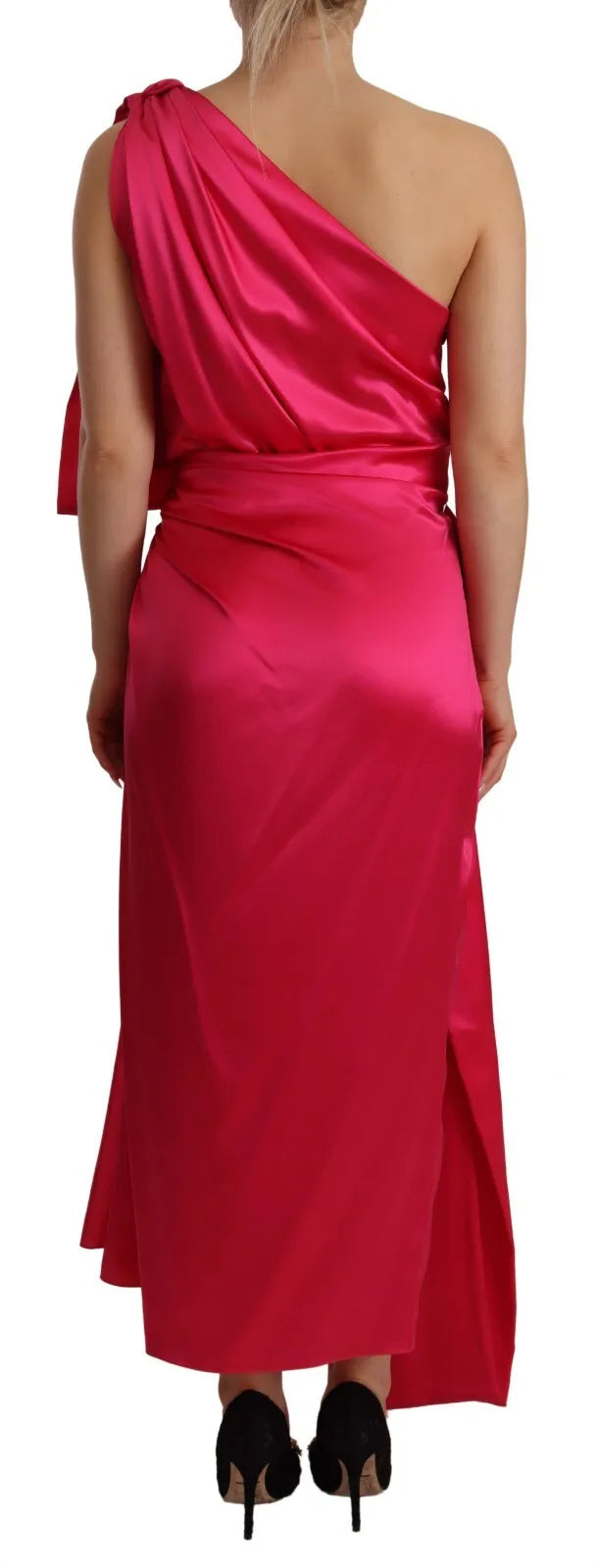  - Silk Pink Fitted Cut One Shoulder Midi Dress