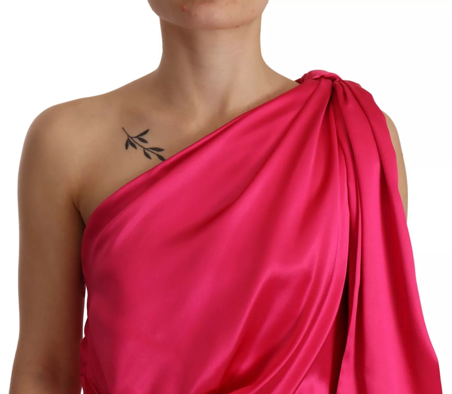  - Silk Pink Fitted Cut One Shoulder Midi Dress