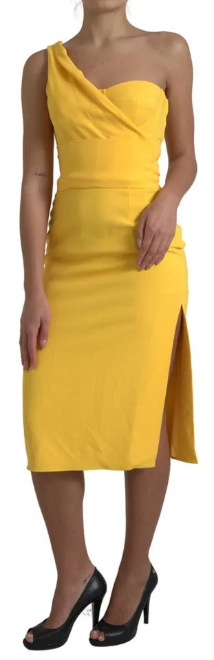  - Yellow One Shoulder Side Slit Midi Dress