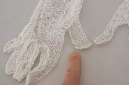  - White Crystal Elbow Length Cotton Tulle Gloves