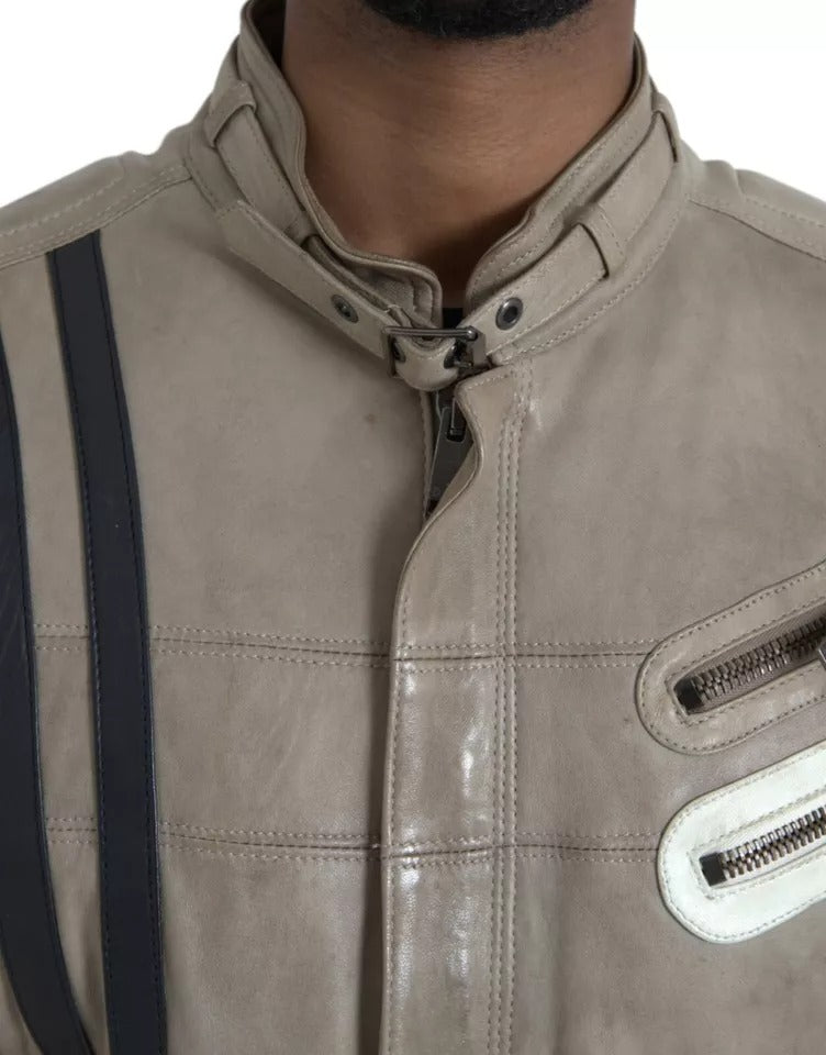  - Beige Leather Full Zip Biker Coat Jacket