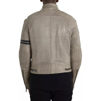  - Beige Leather Full Zip Biker Coat Jacket