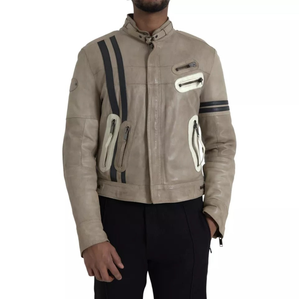  - Beige Leather Full Zip Biker Coat Jacket