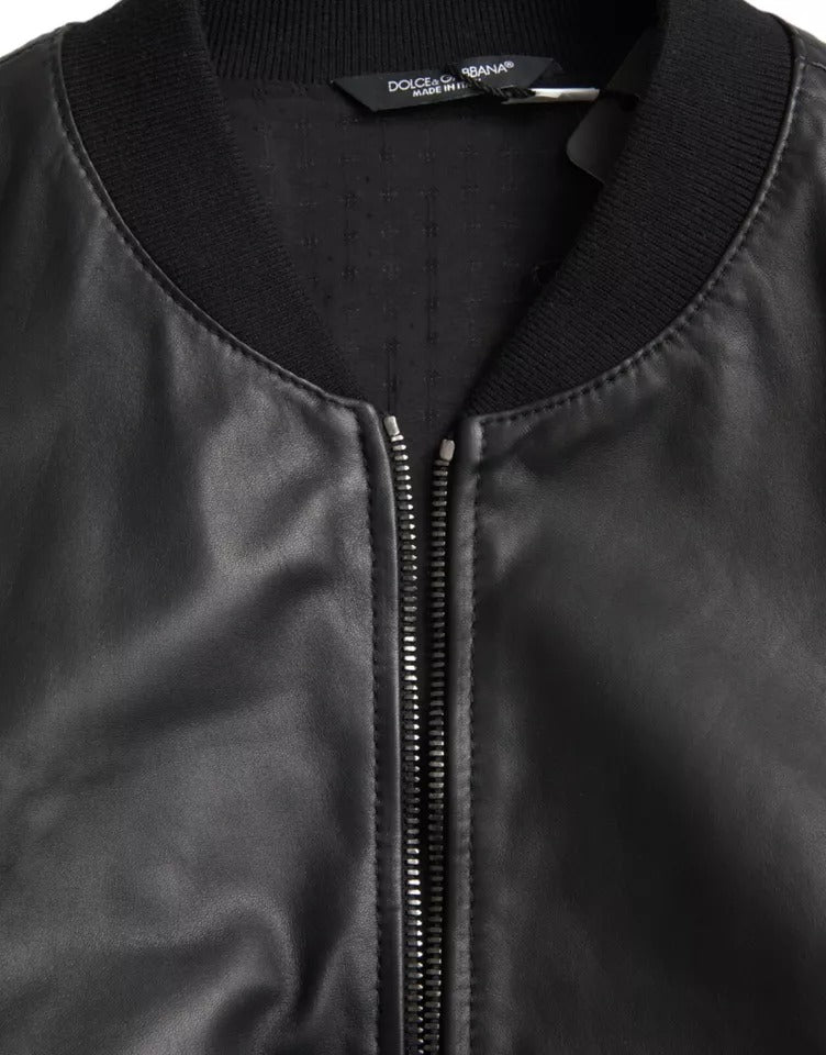  - Black Bomber Leather Full Zip Biker Blouson Jacket