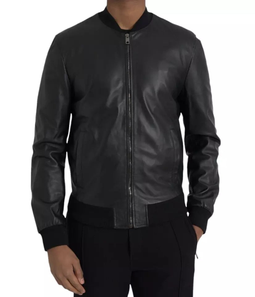  - Black Bomber Leather Full Zip Biker Blouson Jacket