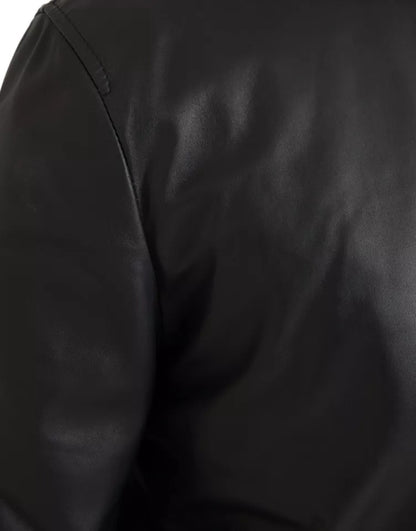  - Black Bomber Leather Full Zip Biker Blouson Jacket