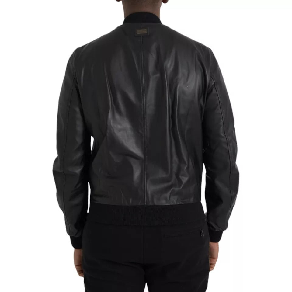  - Black Bomber Leather Full Zip Biker Blouson Jacket