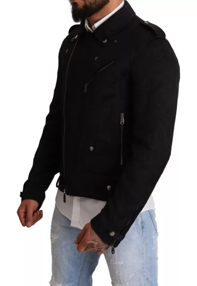  - Black Brocade Full Zip Biker Coat Jacket