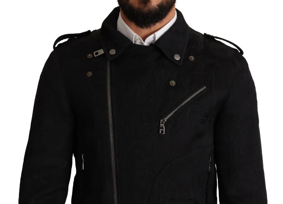  - Black Brocade Full Zip Biker Coat Jacket