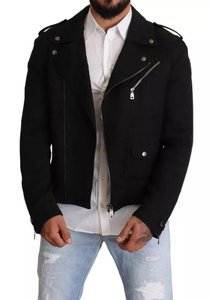  - Black Brocade Full Zip Biker Coat Jacket