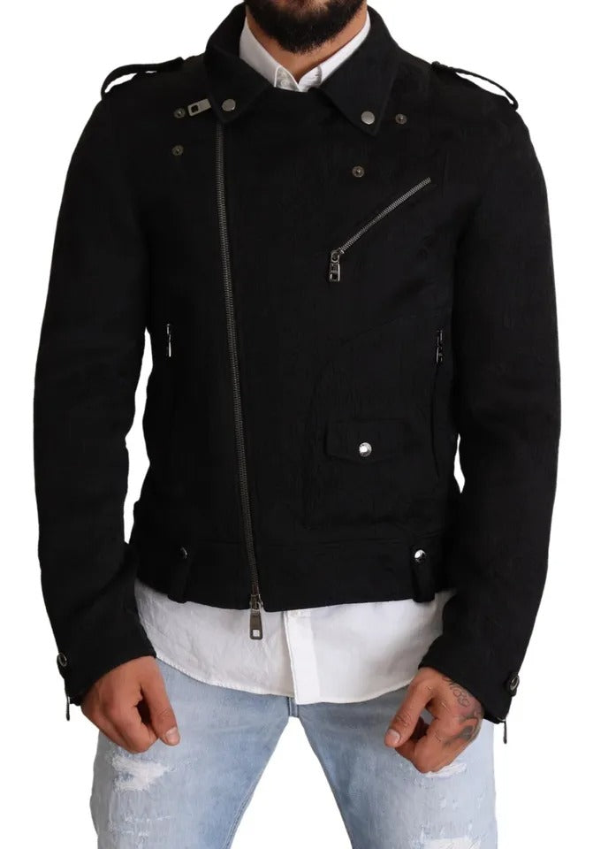  - Black Brocade Full Zip Biker Coat Jacket