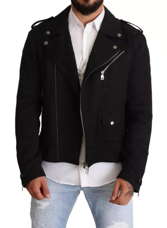  - Black Brocade Full Zip Biker Coat Jacket