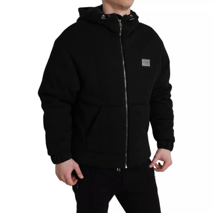  - Black Cotton Hooded Logo Bomber Jacket