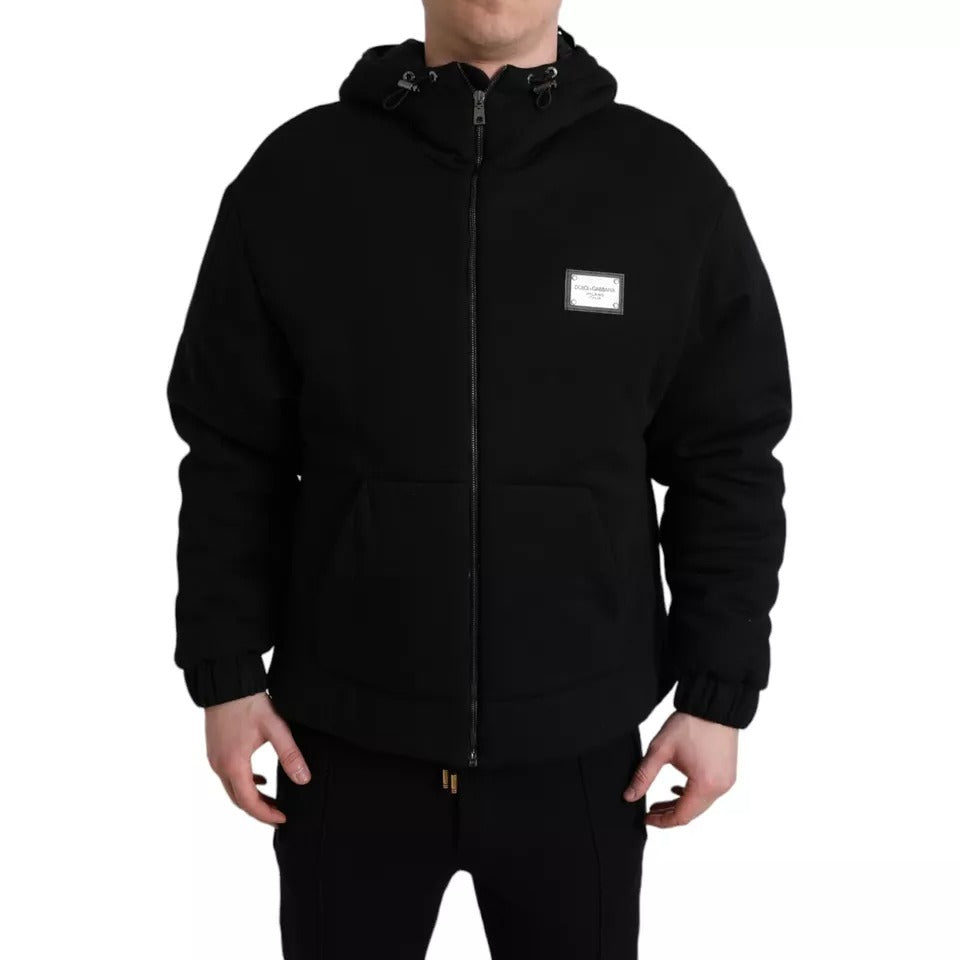  - Black Cotton Hooded Logo Bomber Jacket