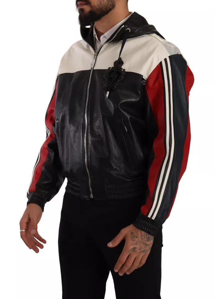  - Black Leather Hooded Blouson Jacket