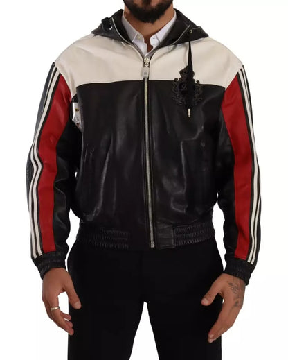  - Black Leather Hooded Blouson Jacket