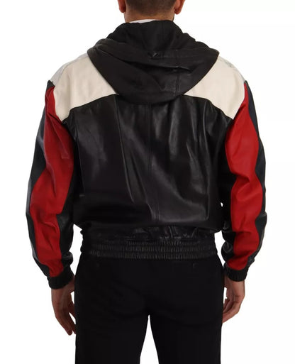  - Black Leather Hooded Blouson Jacket