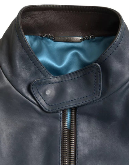  - Blue Leather Full Zip Biker Blouson Jacket