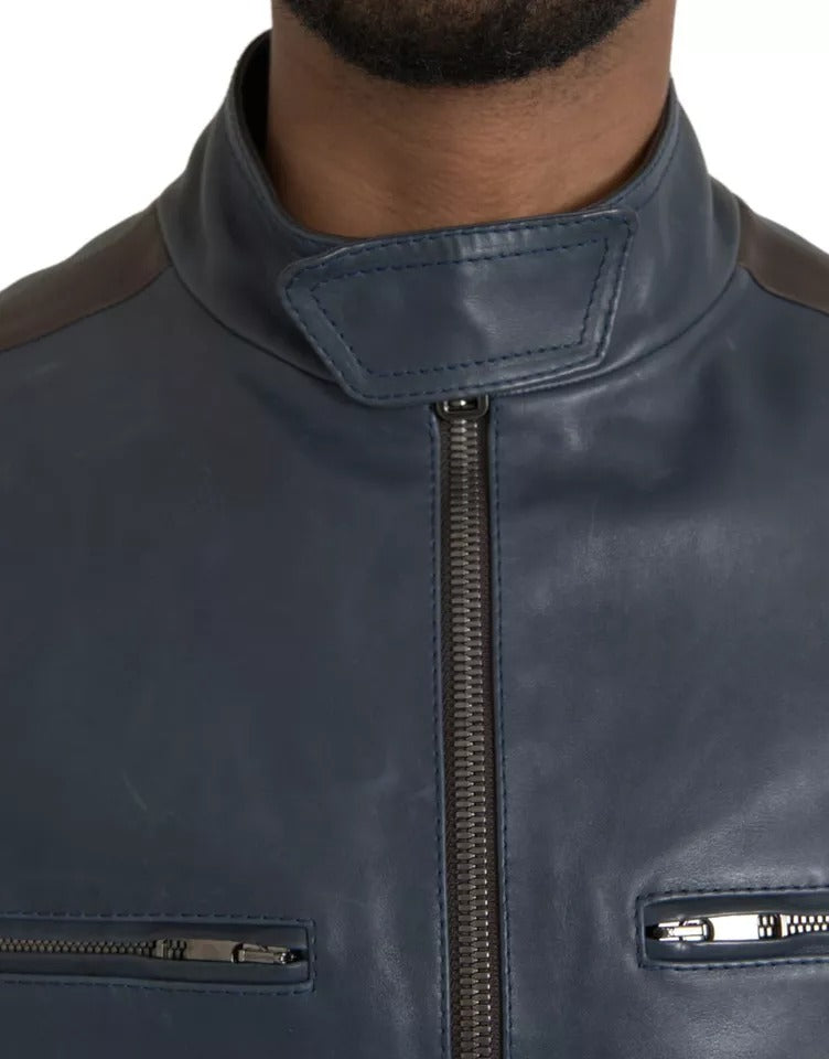  - Blue Leather Full Zip Biker Blouson Jacket