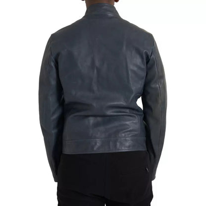  - Blue Leather Full Zip Biker Blouson Jacket