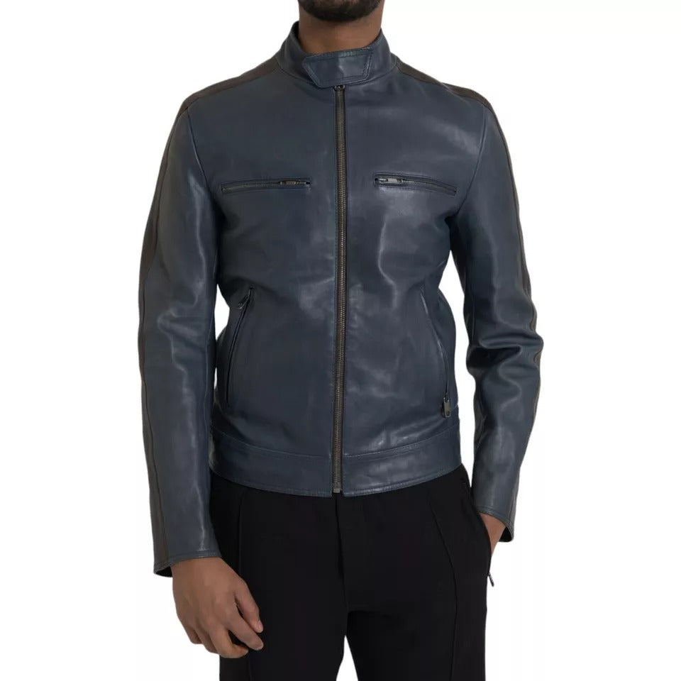  - Blue Leather Full Zip Biker Blouson Jacket