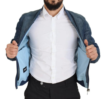  - Blue Leather Perforated Full Zip Jacket