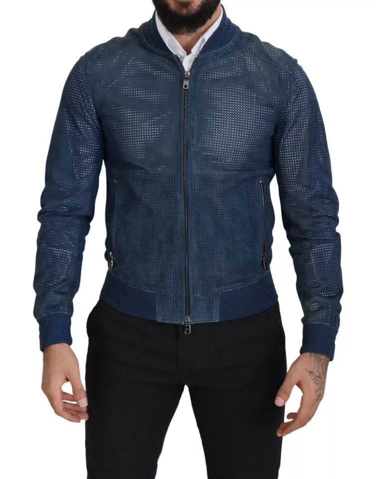  - Blue Leather Perforated Full Zip Jacket