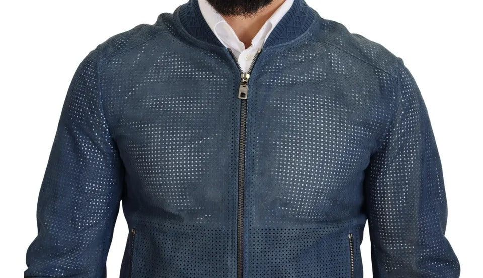  - Blue Leather Perforated Full Zip Jacket