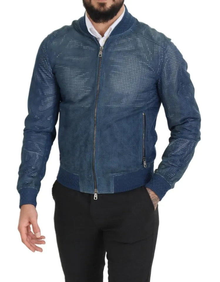  - Blue Leather Perforated Full Zip Jacket