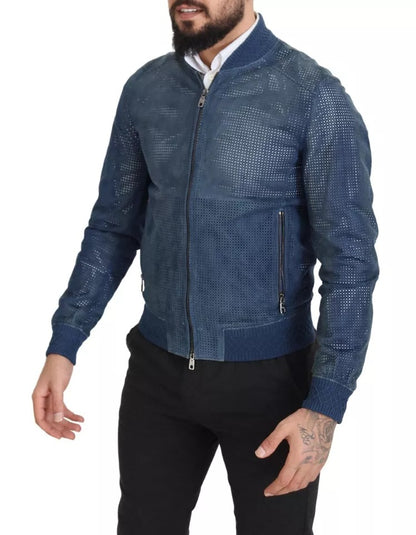  - Blue Leather Perforated Full Zip Jacket