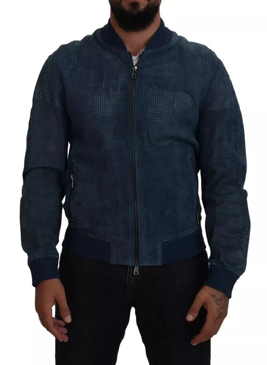  - Blue Leather Perforated Full Zip Jacket