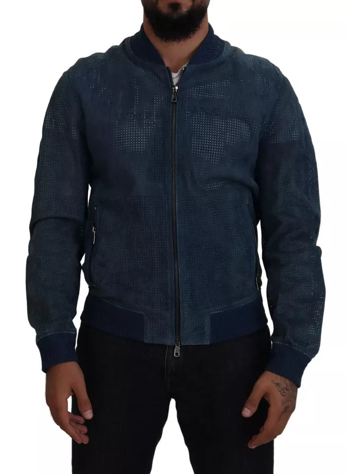 Dolce & Gabbana Blue Leather Perforated Full Zip Leather Jacket for Men