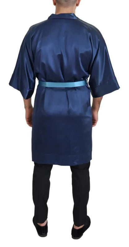  - Blue Satin Silk Waist Belt Robe Jacket