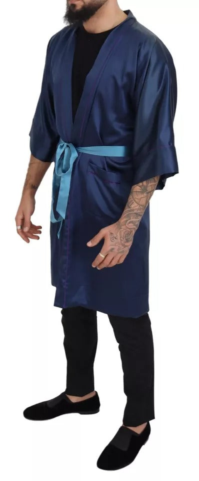  - Blue Satin Silk Waist Belt Robe Jacket