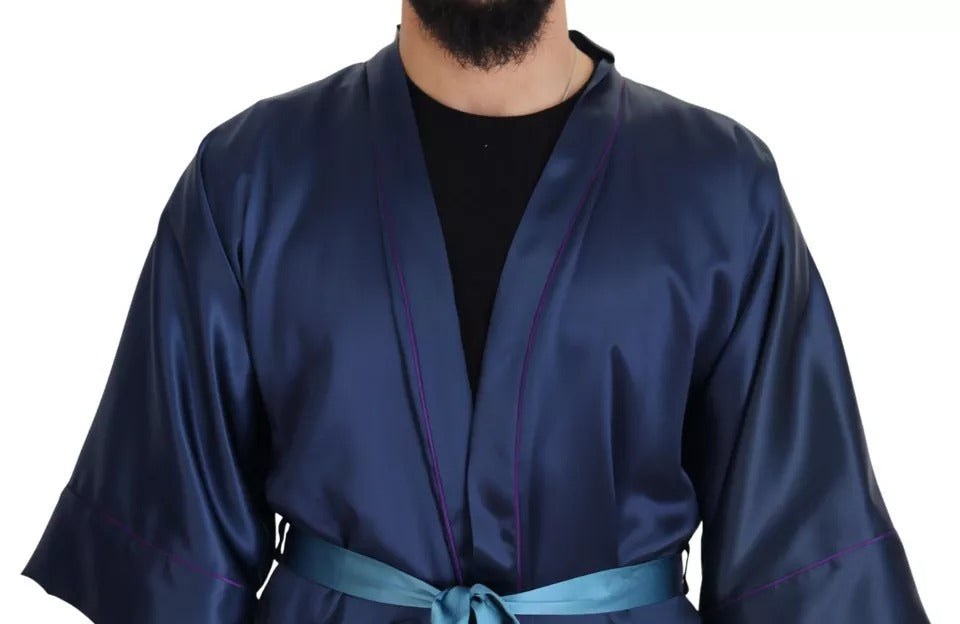  - Blue Satin Silk Waist Belt Robe Jacket