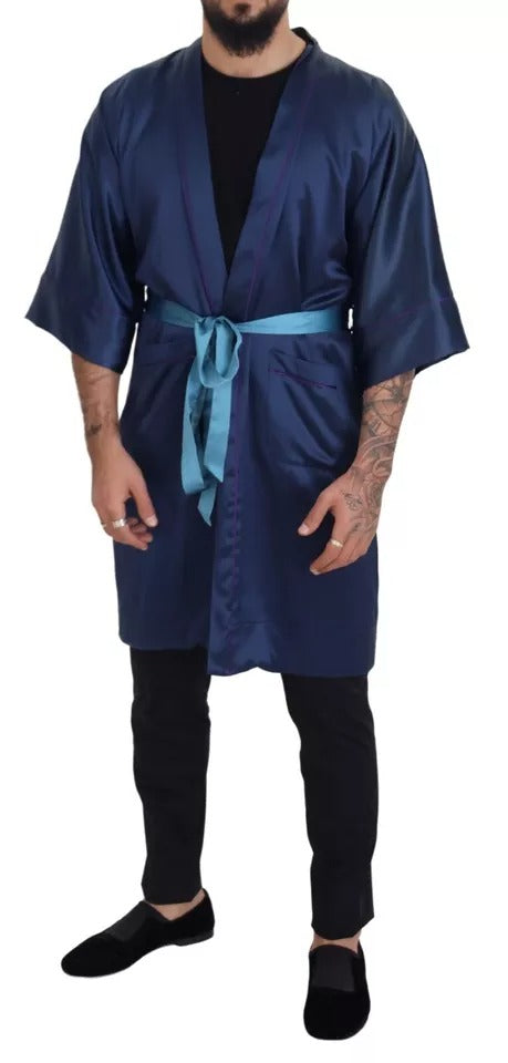  - Blue Satin Silk Waist Belt Robe Jacket