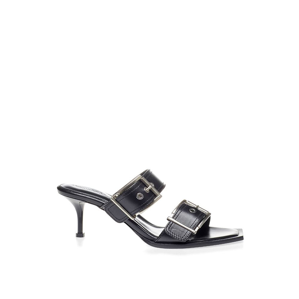 Edgy Double Buckle Kitten Heel Black Leather Sandals