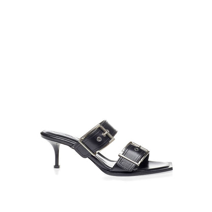  - Edgy Double Buckle Kitten Heel Black Leather Sandals