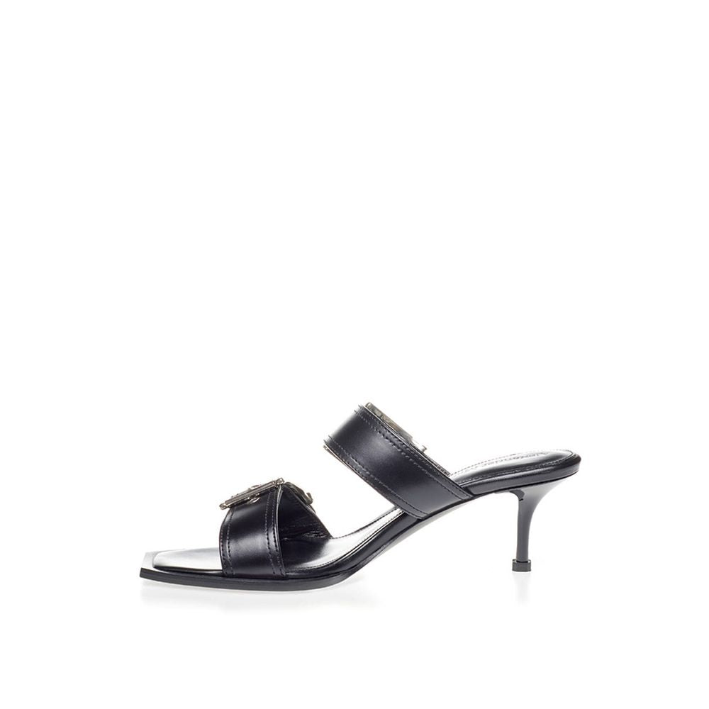 Edgy Double Buckle Kitten Heel Black Leather Sandals