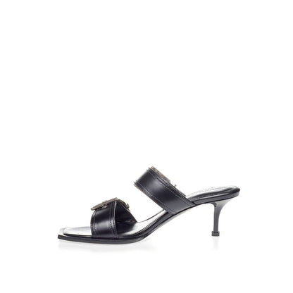  - Edgy Double Buckle Kitten Heel Black Leather Sandals