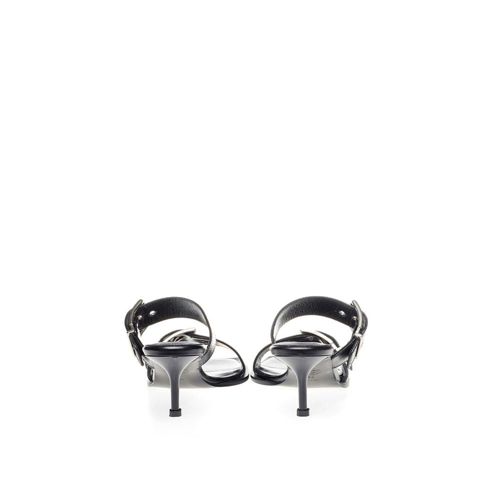  - Edgy Double Buckle Kitten Heel Black Leather Sandals