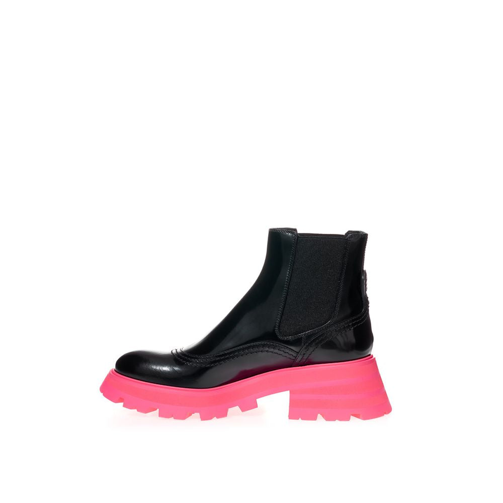 Black Leather Boots with Bold Pink Sole