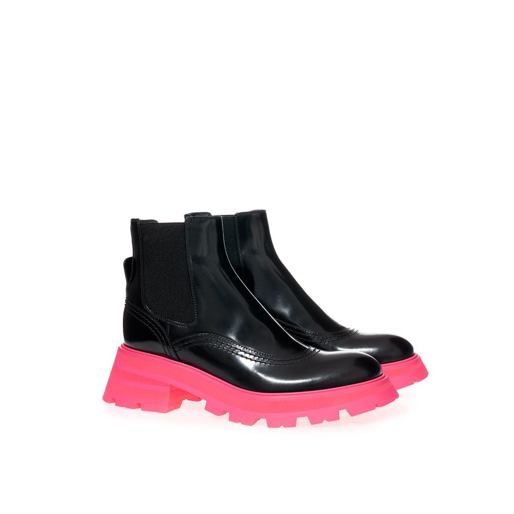 Black Leather Boots with Bold Pink Sole