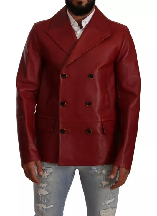  - Red Double Breasted Leather Coat Jacket