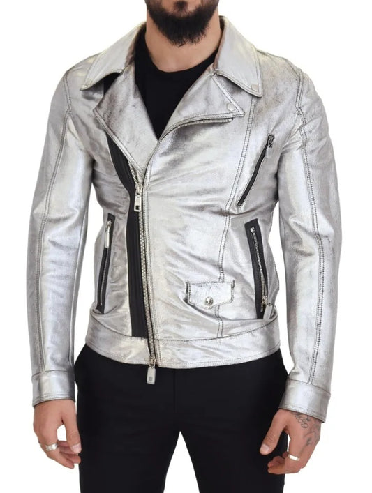 Silver Leather Biker Coat Lambskin Jacket - The Luxe Alliance