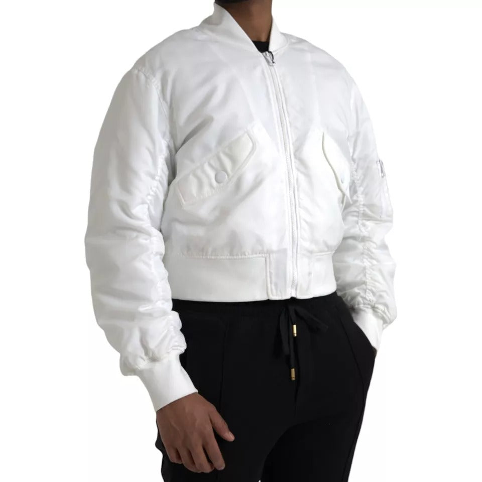  - White Bomber Long Sleeves Full Zip Jacket